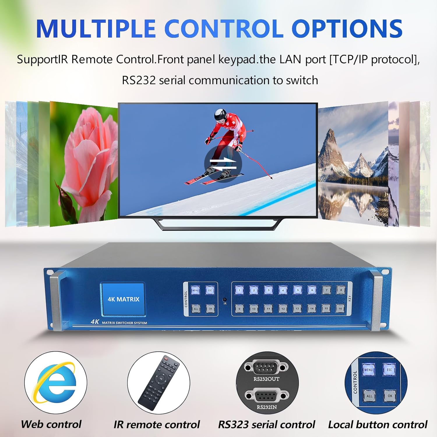 ICUIXIAN 8x16 HDMI Matrix Switch & Splitter 4K30Hz Rack HDMI Matrix 8x16 Support Web GUI, LAN Port, RS232 Control, HDMI2.0, HDCP, EDID, TCP, Backlit keying, LED Liquid Crystal Display Screen Display