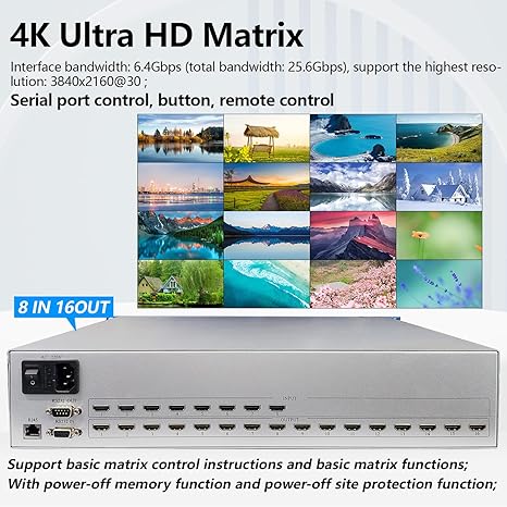 ICUIXIAN 8x16 HDMI Matrix Switch & Splitter 4K30Hz Rack HDMI Matrix 8x16 Support Web GUI, LAN Port, RS232 Control, HDMI2.0, HDCP, EDID, TCP, Backlit keying, LED Liquid Crystal Display Screen Display