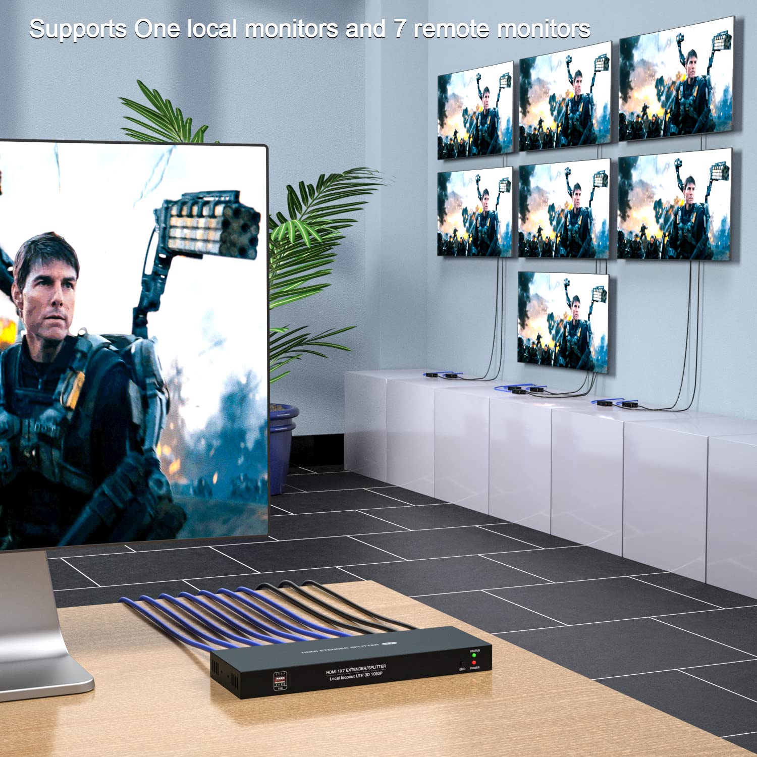 HDMI Extender Splitter 1x7 1080P@60Hz Over Cat 5E/6/7 Ethernet Cable 50m (164ft) Support HDMI loopout EDID Copy POC Function (1 in 7 Out), Monitor